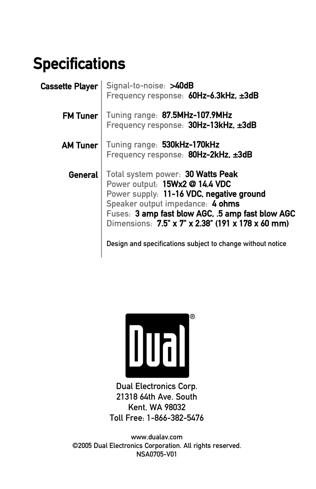 Dual MXC22 owner manual Specifications, FM Tuner AM Tuner General, Tuning range 87.5MHz-107.9MHz 