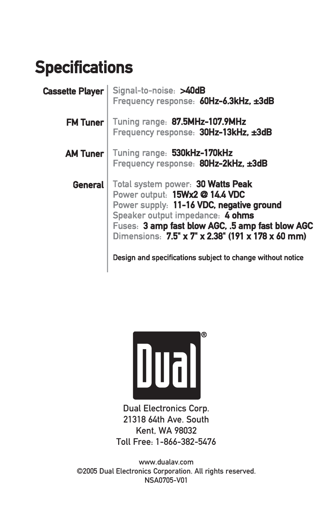 Dual MXC22 owner manual Specifications 