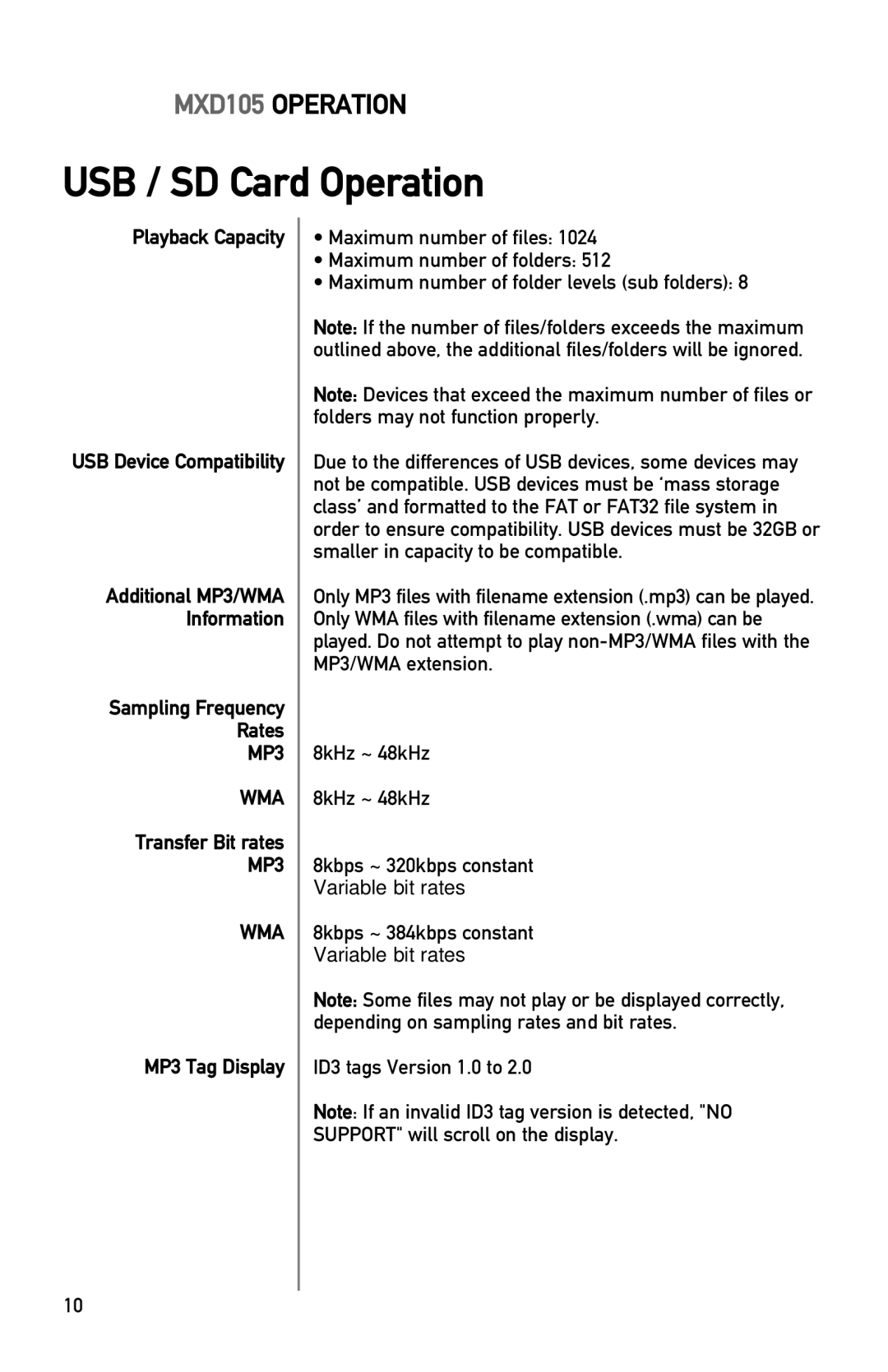 Dual MXD105 Playback Capacity USB Device Compatibility, Sampling Frequency Rates, Transfer Bit rates, MP3 Tag Display 