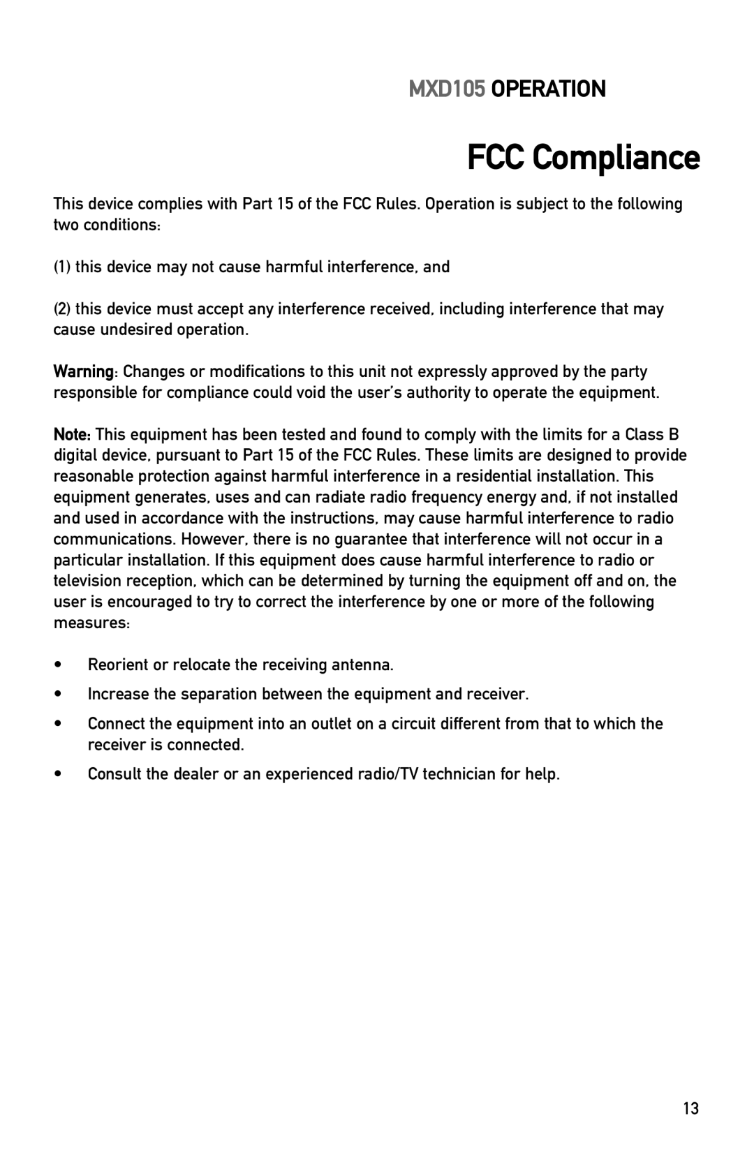 Dual MXD105 owner manual FCC Compliance 