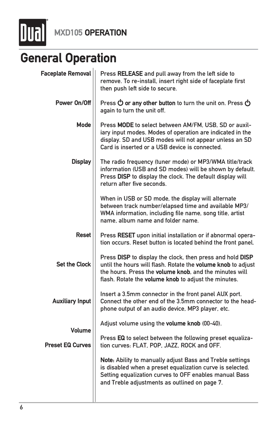 Dual MXD105 owner manual General Operation 