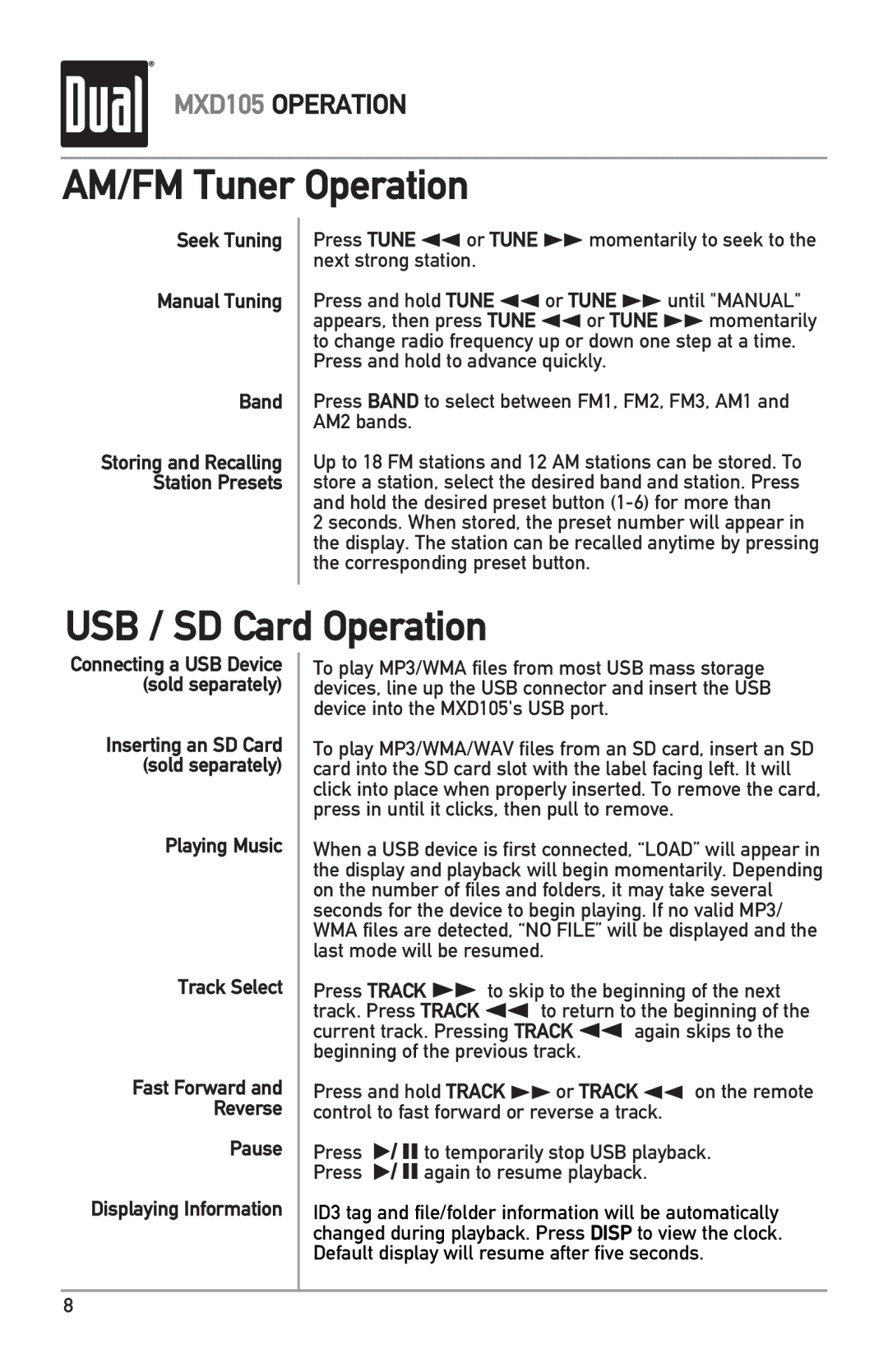 Dual MXD105 owner manual AM/FM Tuner Operation, USB / SD Card Operation 