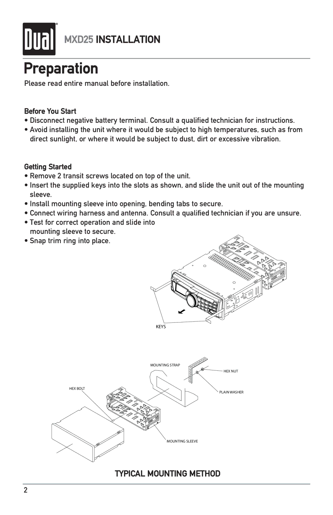 Dual MXD25 owner manual Preparation, Please read entire manual before installation, Before You Start, Getting Started 