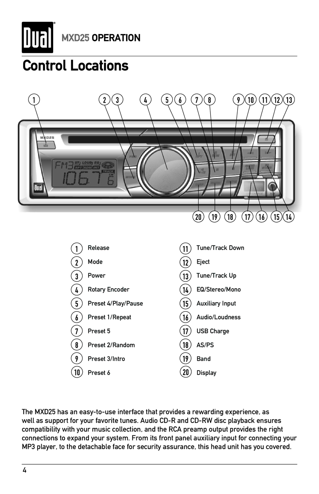 Dual MXD25 owner manual Control Locations, As/Ps 