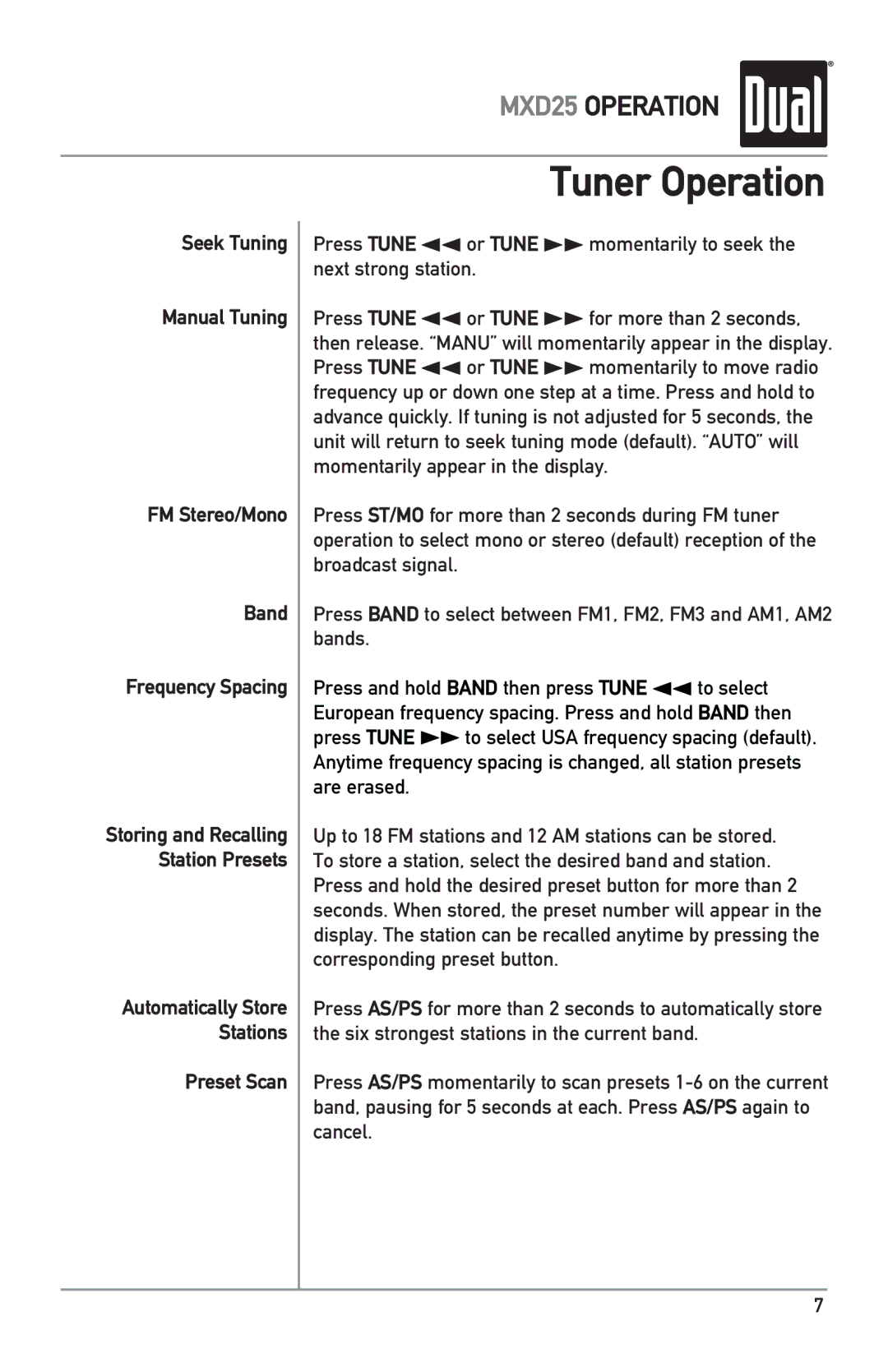 Dual MXD25 owner manual Tuner Operation, Preset Scan 