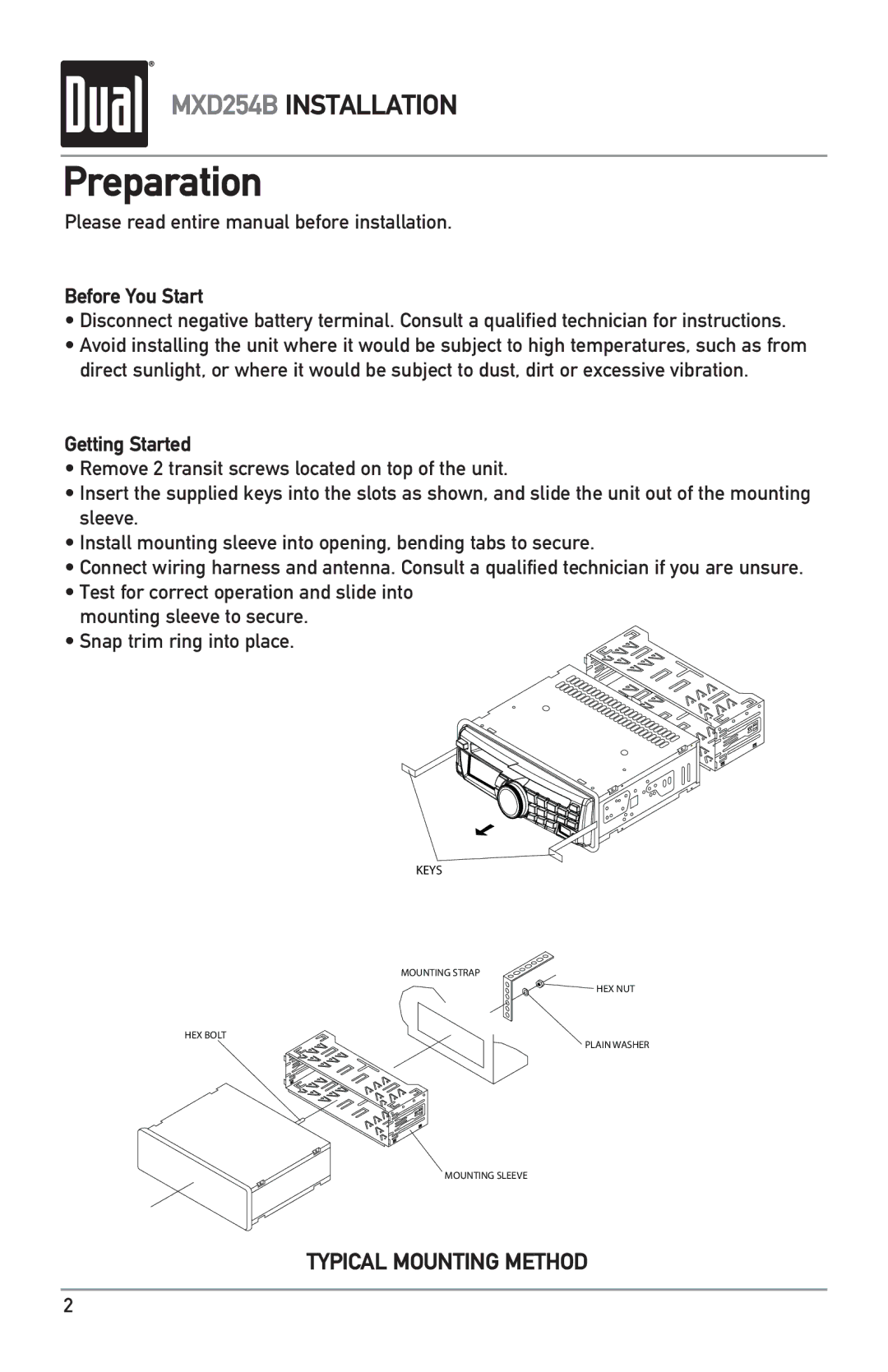 Dual MXD254B owner manual Preparation, Please read entire manual before installation, Before You Start, Getting Started 