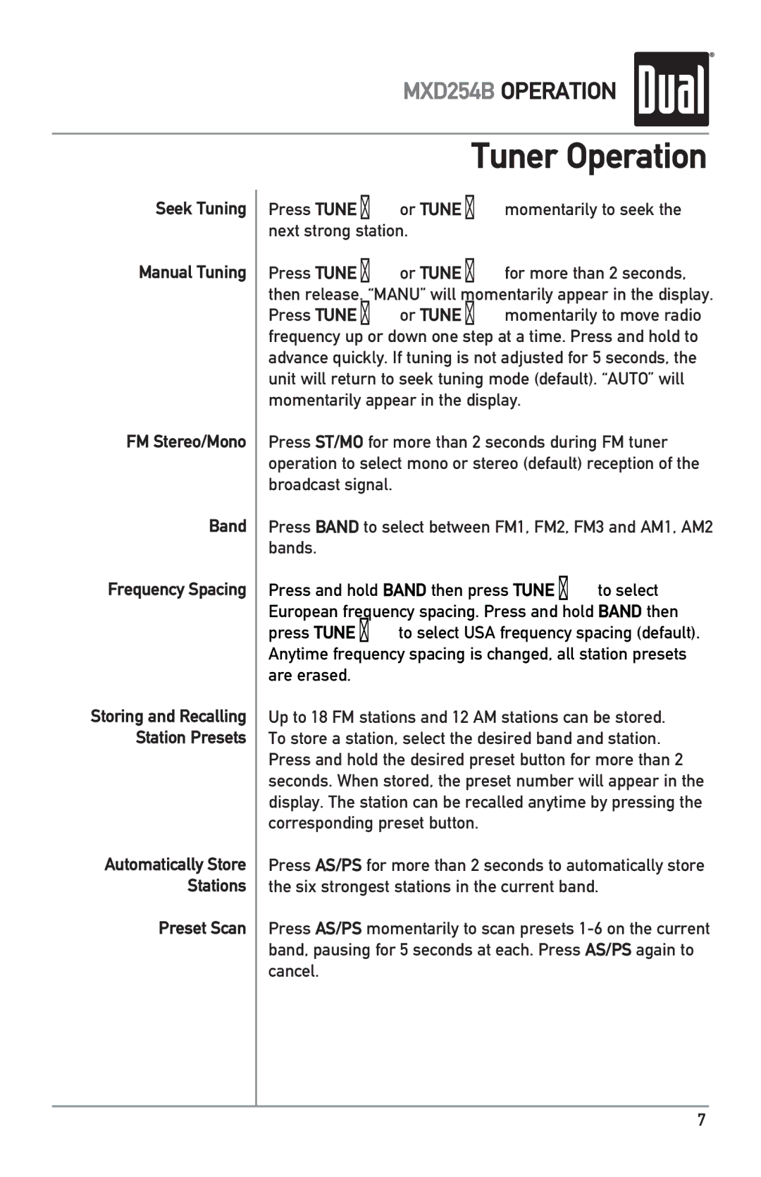 Dual MXD254B owner manual Tuner Operation, Preset Scan 