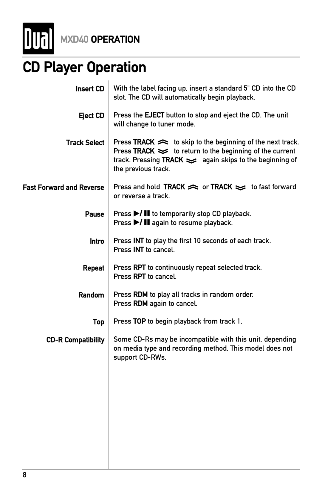 Dual MXD40 owner manual CD Player Operation 