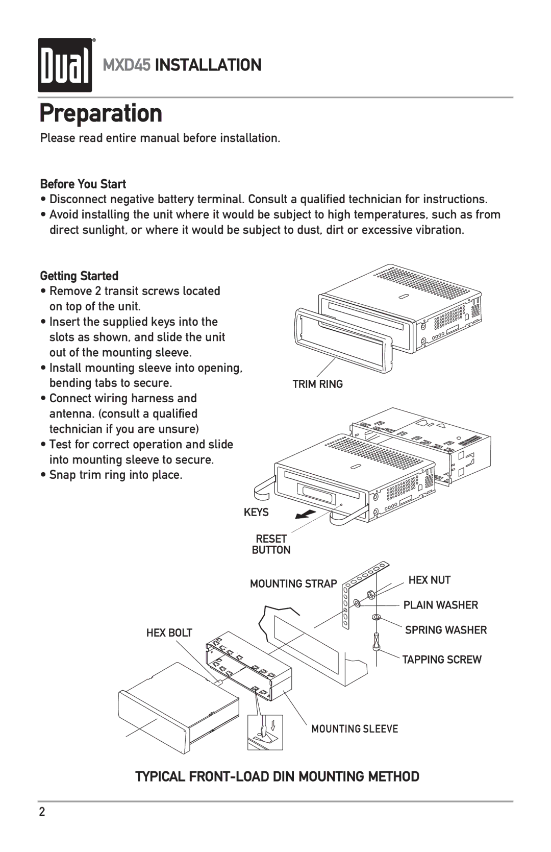 Dual MXD45 owner manual Preparation, Please read entire manual before installation, Before You Start, Getting Started 