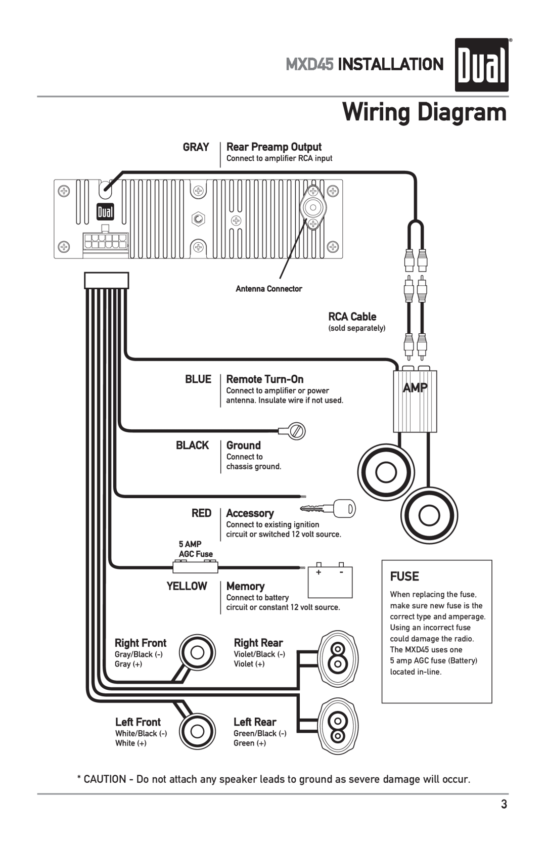 Dual owner manual Wiring Diagram, Fuse, MXD45 INSTALLATION, amp AGC fuse Battery located in-line 