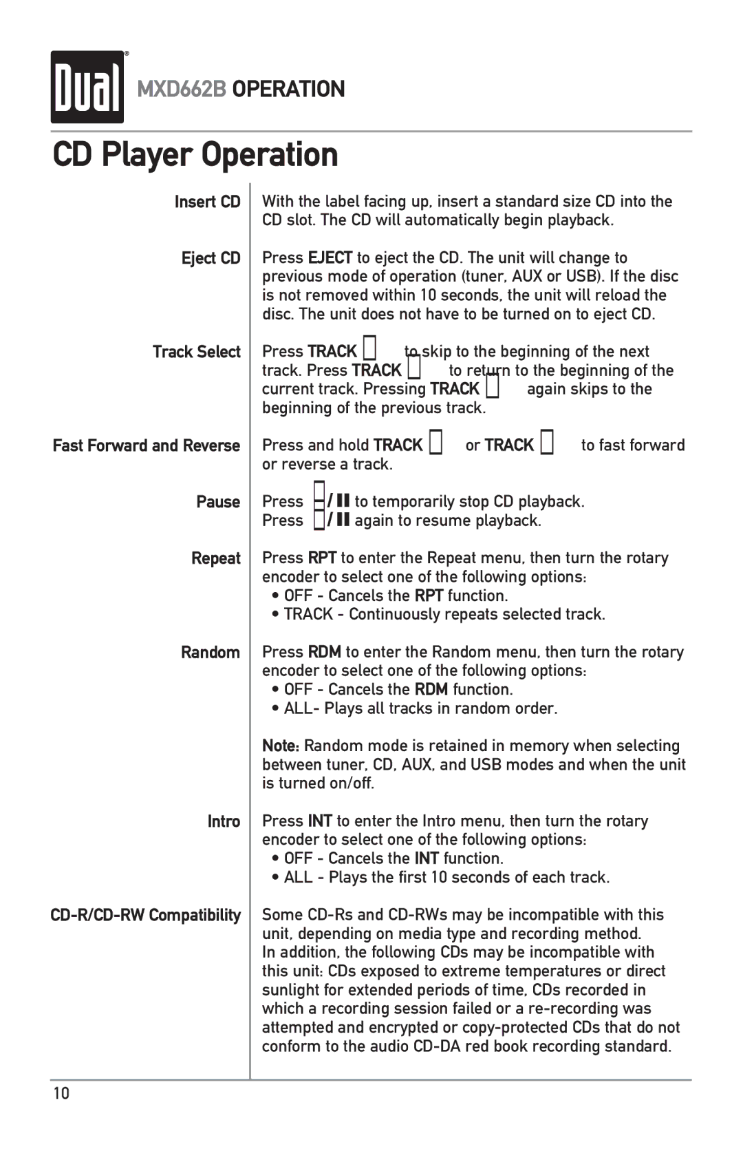 Dual MXD662B owner manual CD Player Operation 