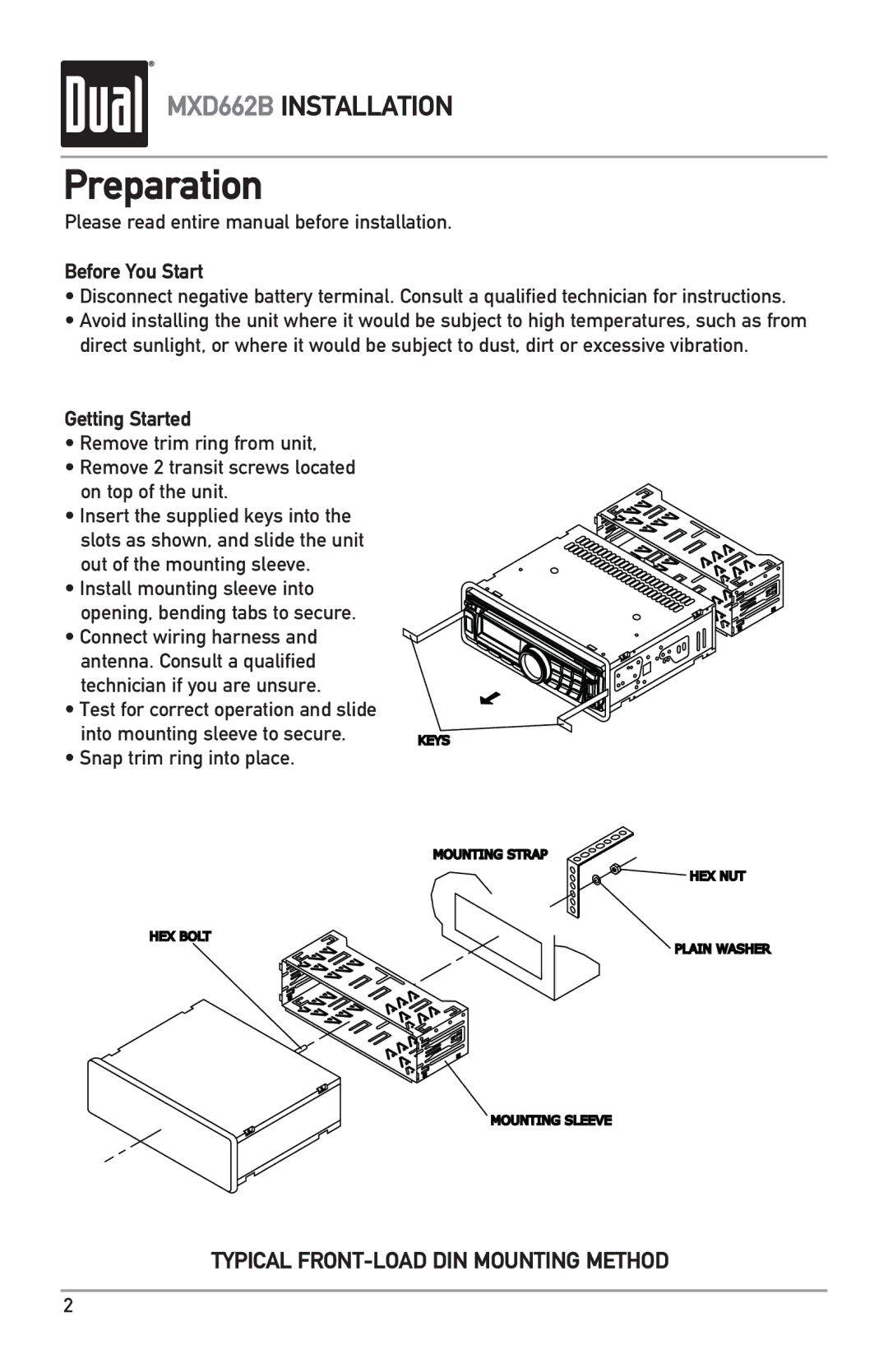 Dual MXD662B owner manual Preparation, Please read entire manual before installation, Before You Start, Getting Started 