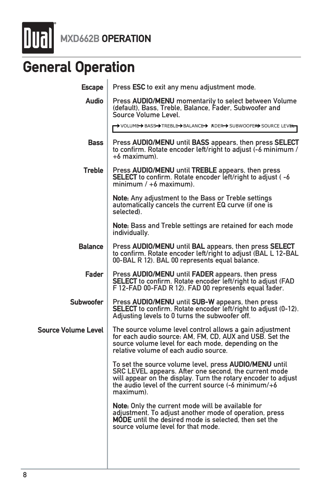 Dual MXD662B owner manual Volume Bass Treble Balance Fader Subwoofer Source Level 