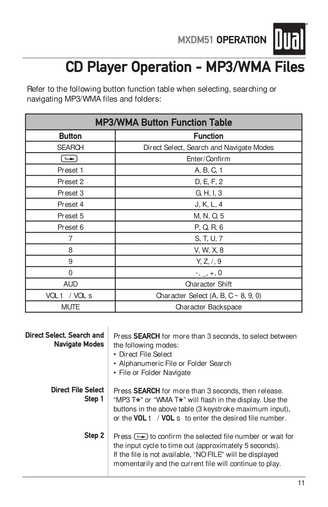 Dual MXDM51 owner manual Button Function, Direct File Select Step 