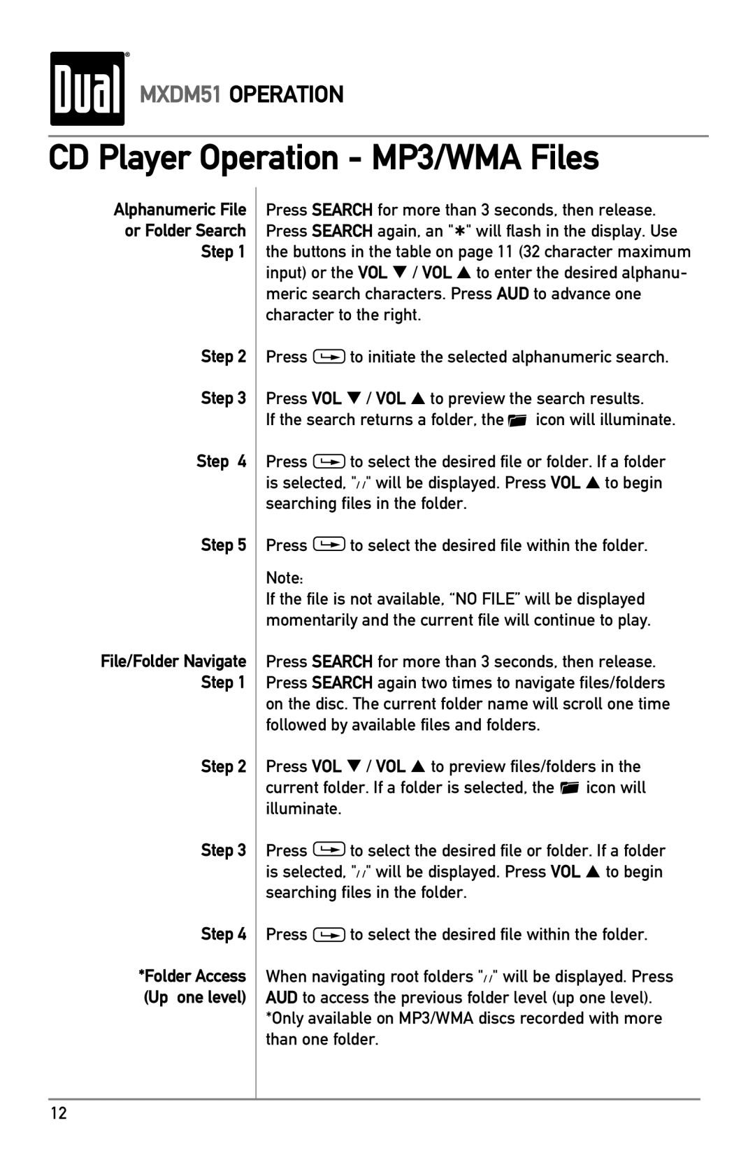 Dual MXDM51 owner manual Alphanumeric File Or Folder Search Step 