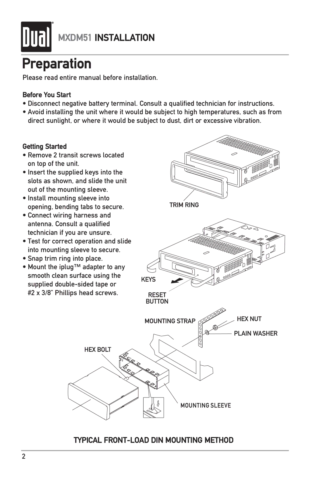 Dual MXDM51 owner manual Preparation, Please read entire manual before installation, Before You Start, Getting Started 