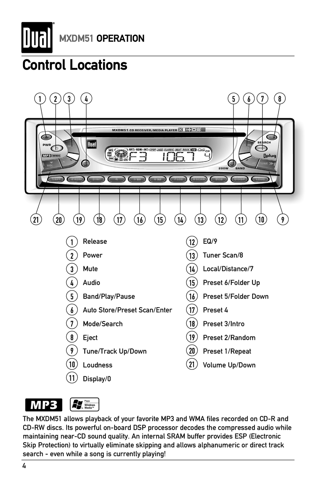 Dual MXDM51 owner manual Control Locations 