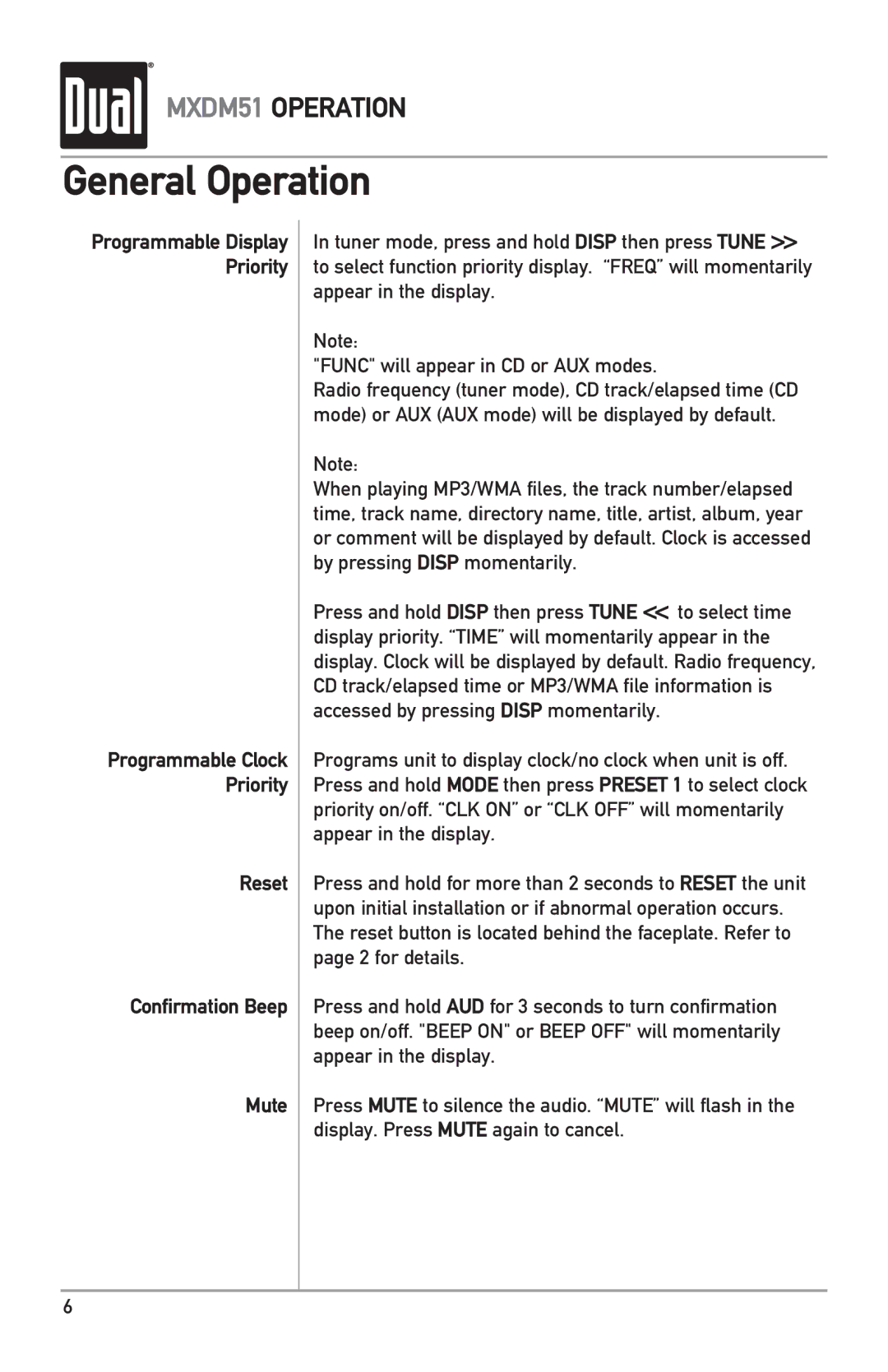 Dual MXDM51 owner manual Reset Confirmation Beep Mute 