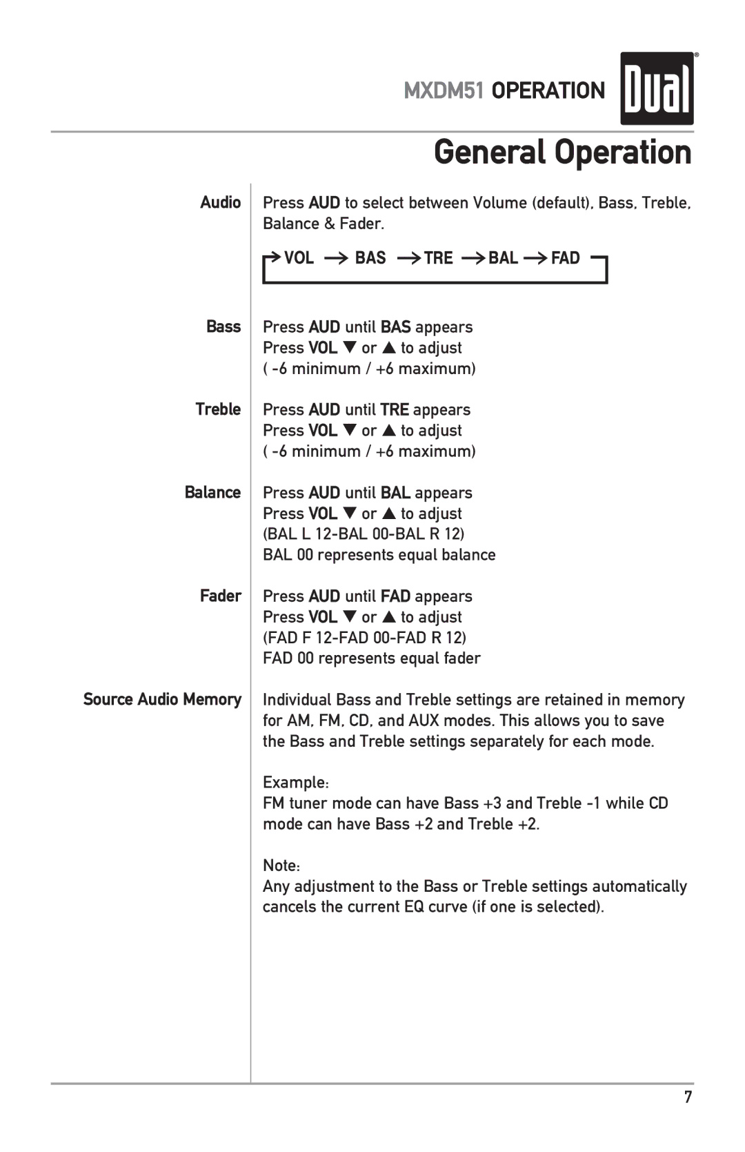 Dual MXDM51 owner manual Audio Bass Treble Balance Fader Source Audio Memory 