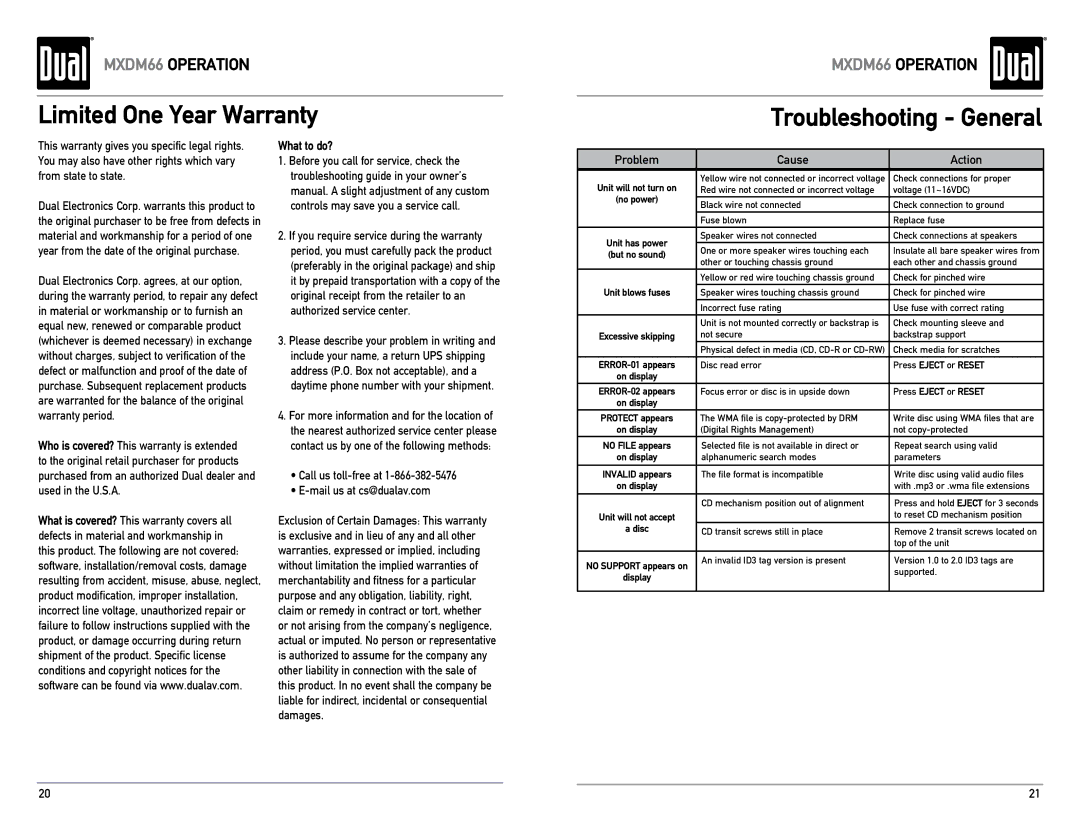 Dual MXDM66 owner manual Limited One Year Warranty, Troubleshooting General, What to do? 