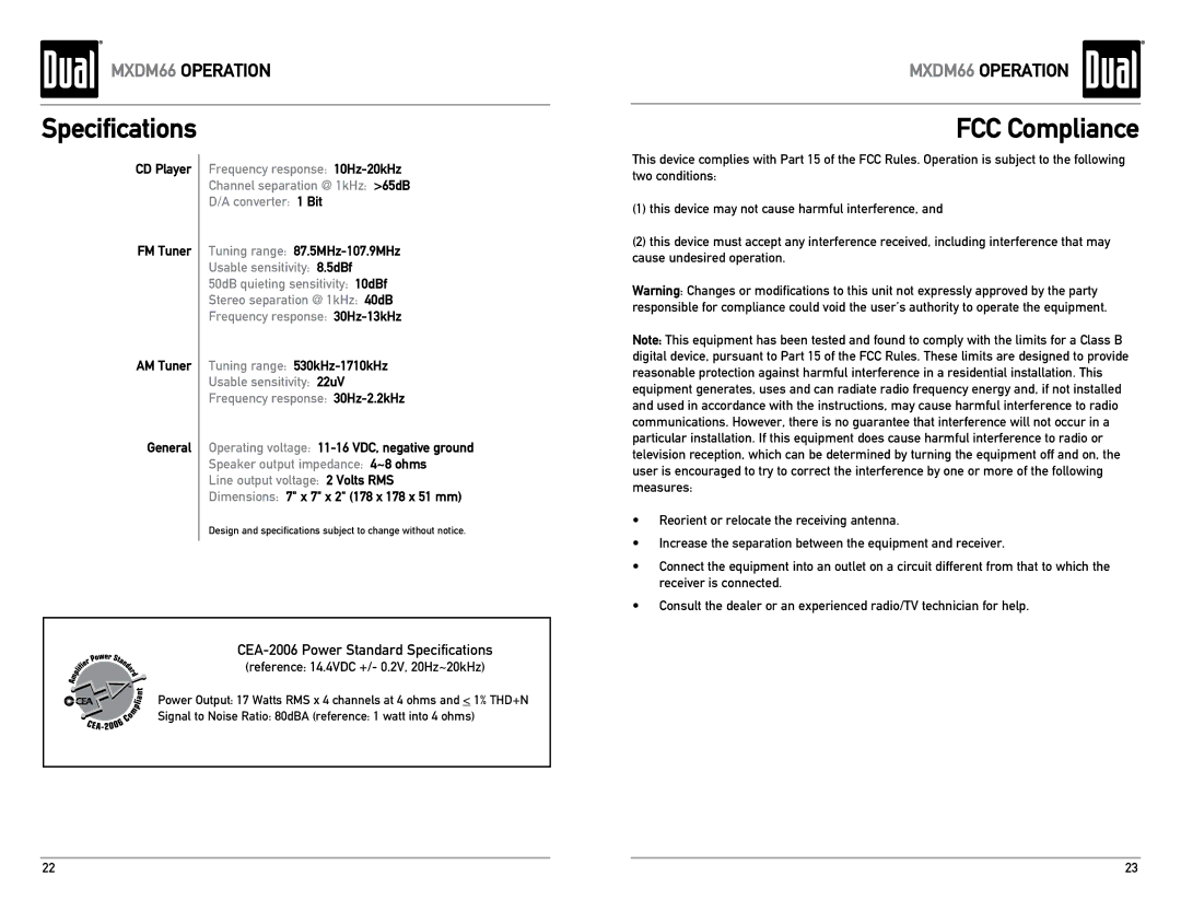 Dual MXDM66 owner manual FCC Compliance, CD Player FM Tuner AM Tuner General, Tuning range 87.5MHz-107.9MHz 