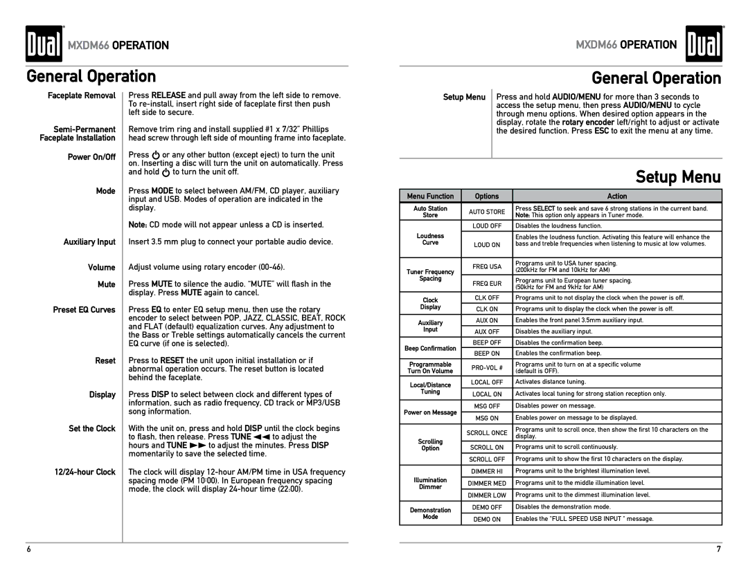 Dual MXDM66 owner manual General Operation, Setup Menu, Faceplate Removal 
