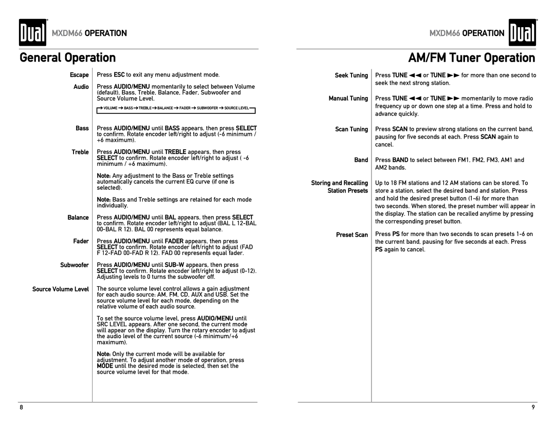 Dual MXDM66 owner manual AM/FM Tuner Operation, Seek Tuning Manual Tuning Scan Tuning Band, Preset Scan 