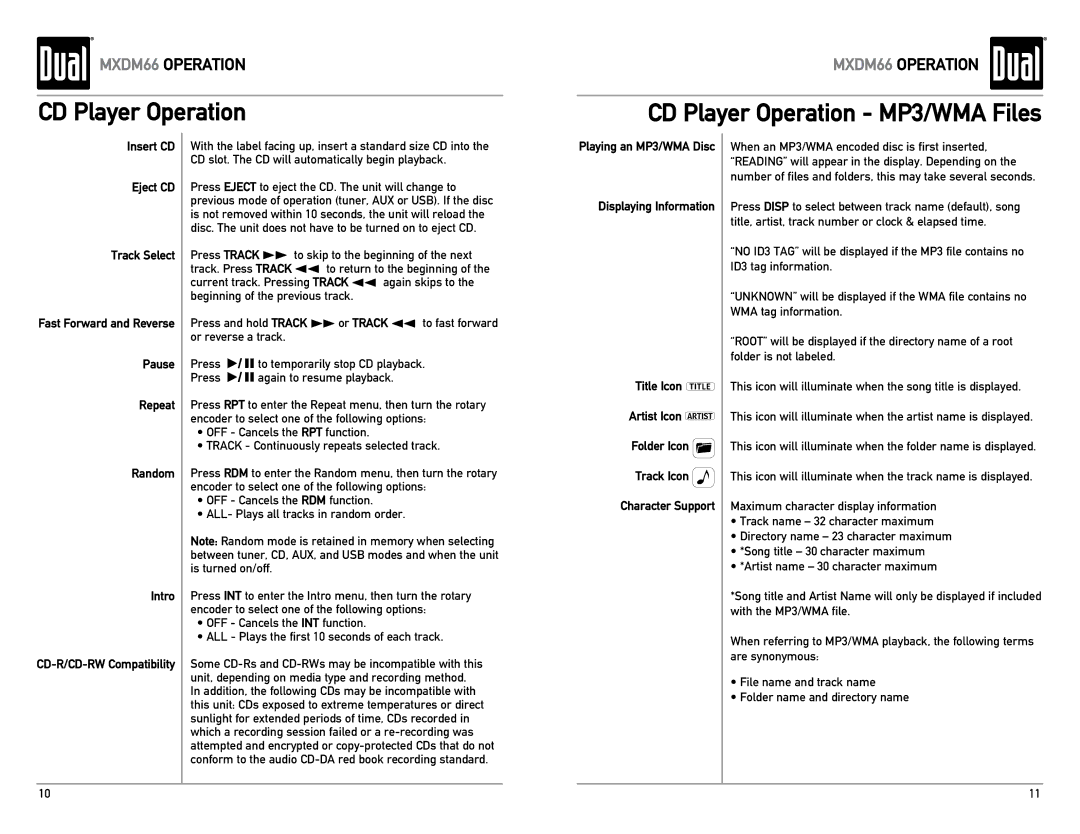 Dual MXDM66 owner manual CD Player Operation MP3/WMA Files 