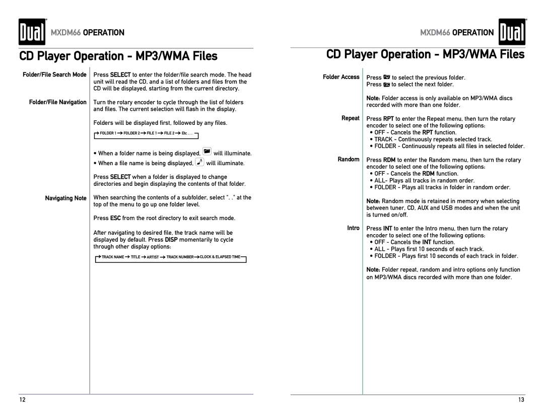 Dual MXDM66 owner manual CD Player Operation MP3/WMA Files, Folder Access Repeat Random Intro 