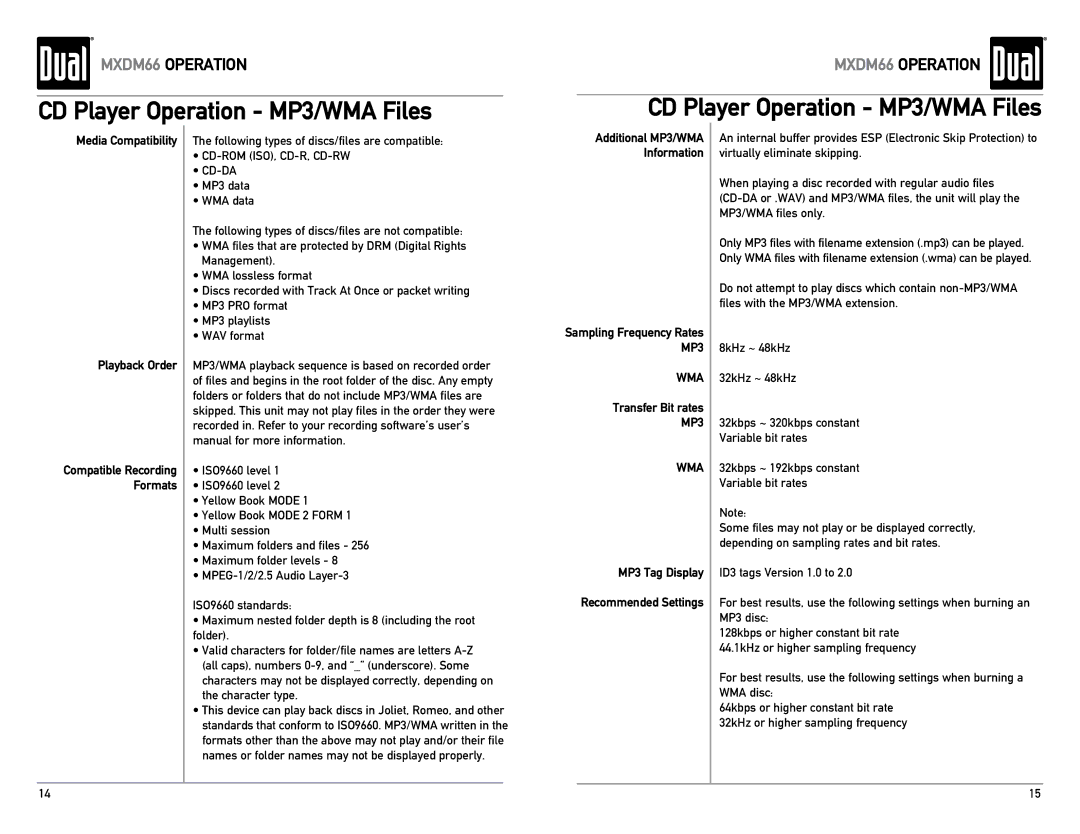 Dual MXDM66 owner manual Media Compatibility Playback Order, Transfer Bit rates, MP3 Tag Display Recommended Settings 