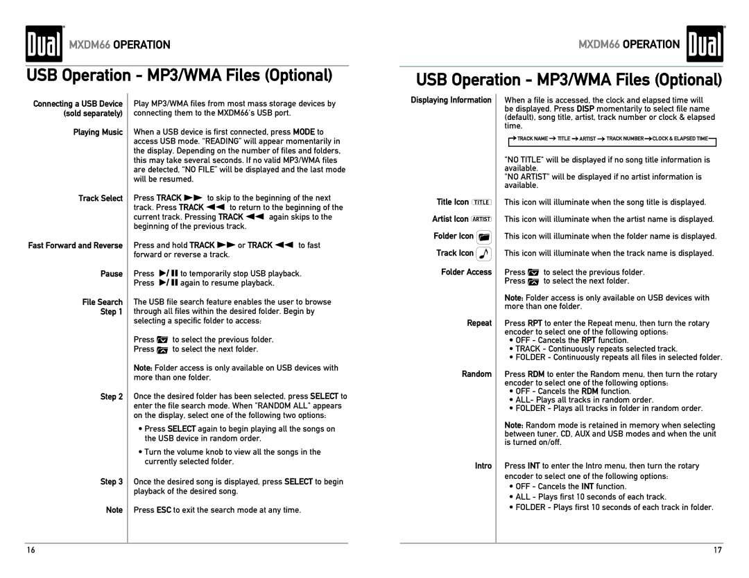 Dual MXDM66 owner manual USB Operation MP3/WMA Files Optional 