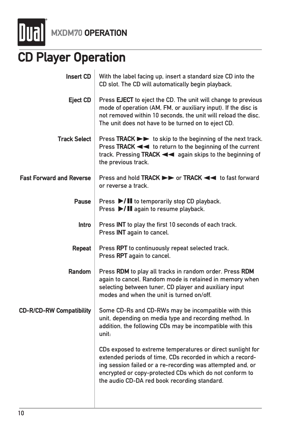 Dual MXDM70 owner manual CD Player Operation 