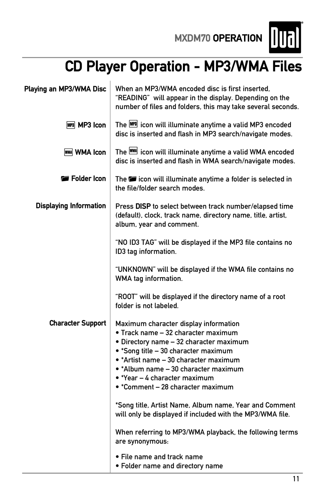 Dual MXDM70 owner manual MP3 Icon, WMA Icon, Folder Icon, Displaying Information, Character Support 