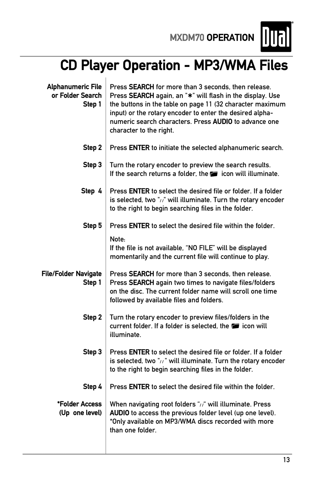 Dual MXDM70 owner manual Alphanumeric File Or Folder Search Step, Press Enter to select the desired file within the folder 