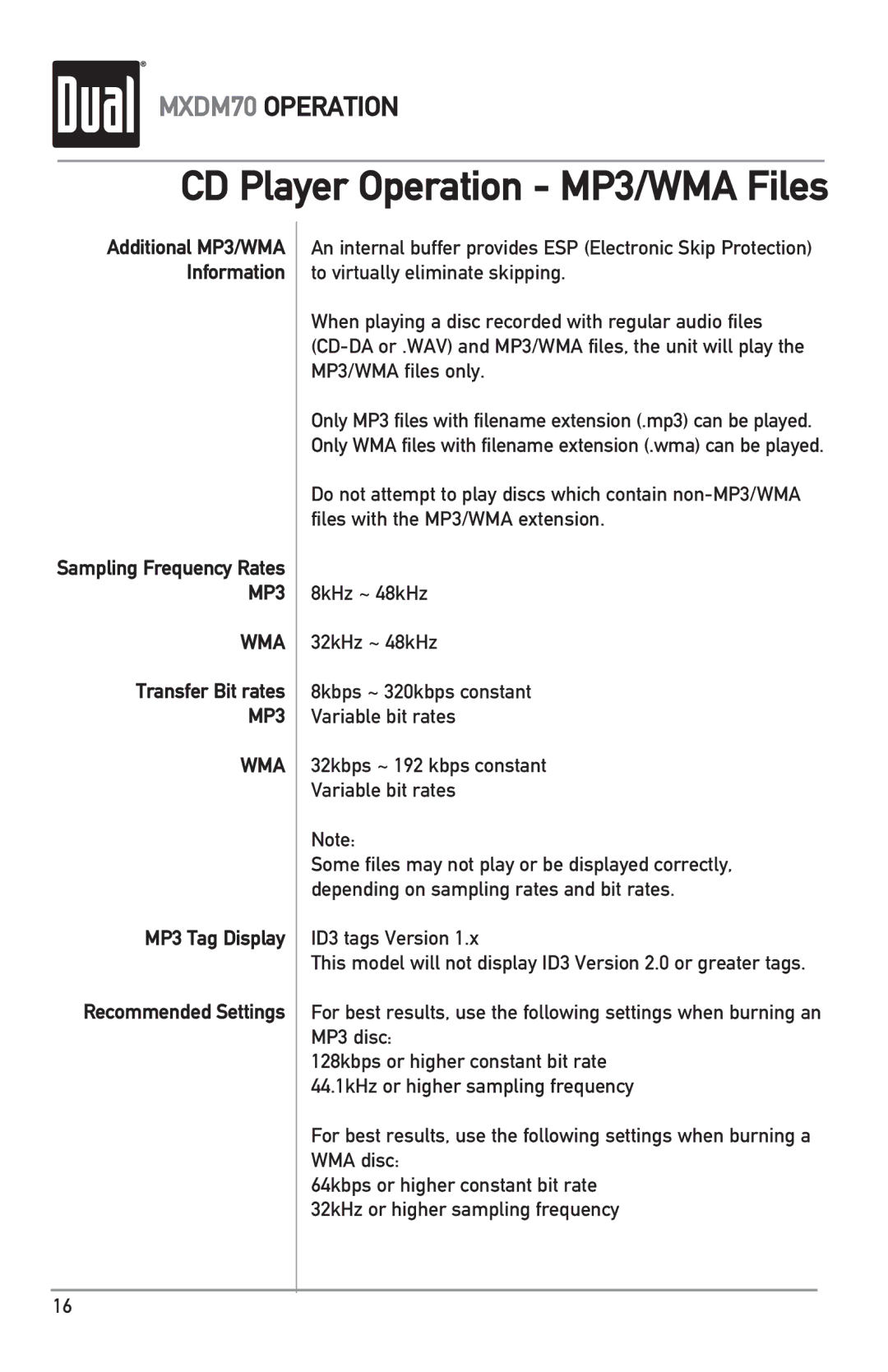 Dual MXDM70 Transfer Bit rates, MP3 Tag Display Recommended Settings, 32kbps ~ 192 kbps constant Variable bit rates 