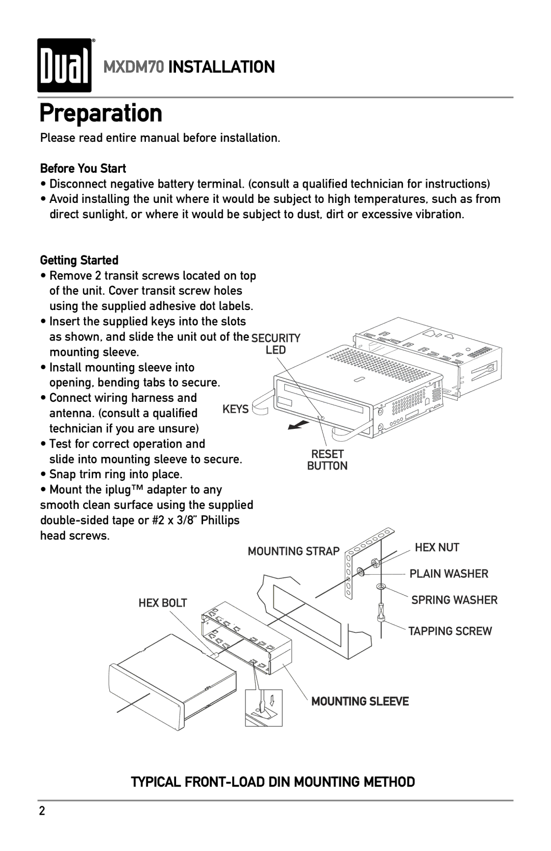 Dual MXDM70 Preparation, Please read entire manual before installation, Before You Start, Getting Started, Head screws 