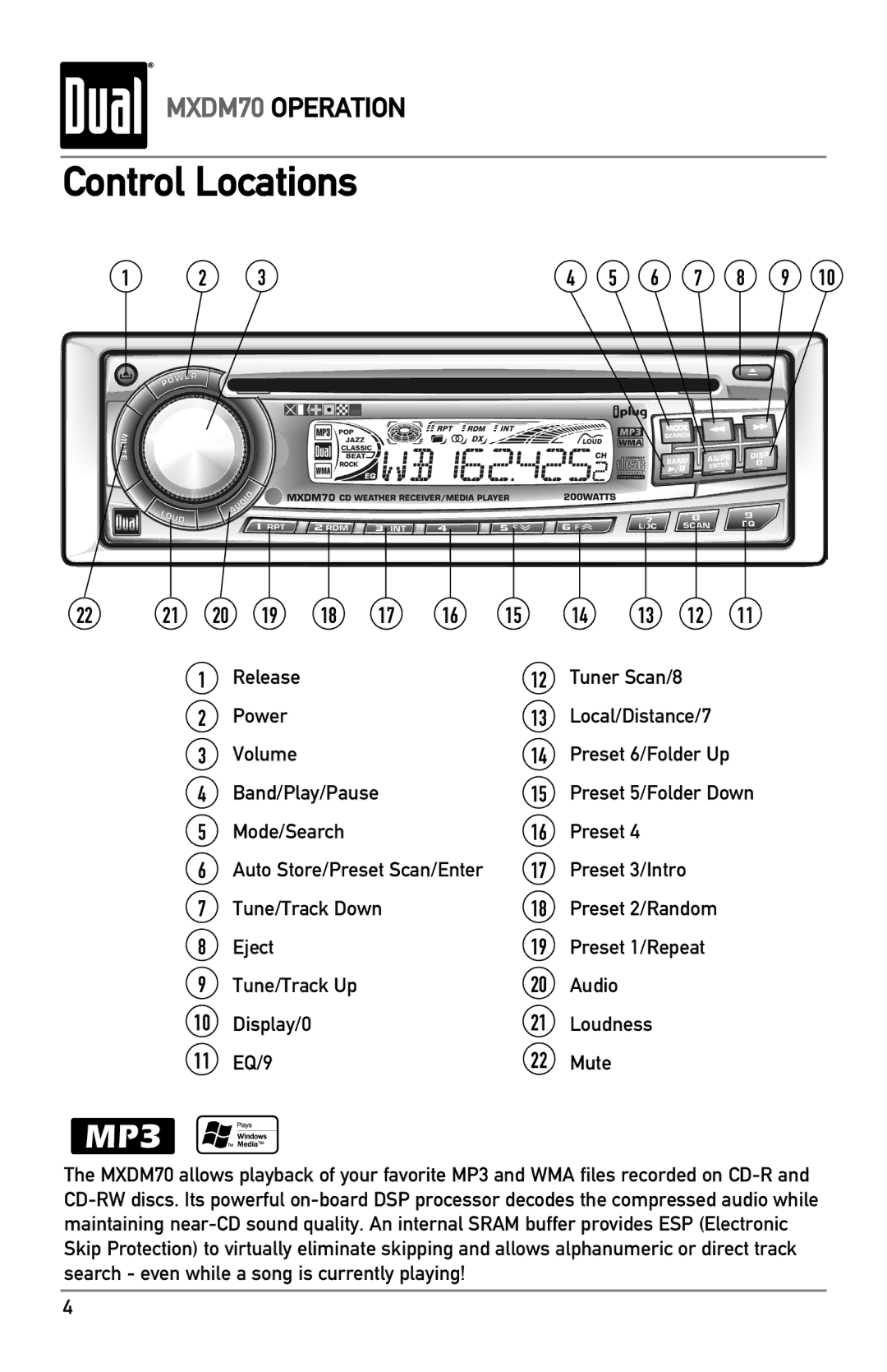 Dual MXDM70 owner manual Release, Power Local/Distance/7 Volume, Band/Play/Pause, Mode/Search Preset 