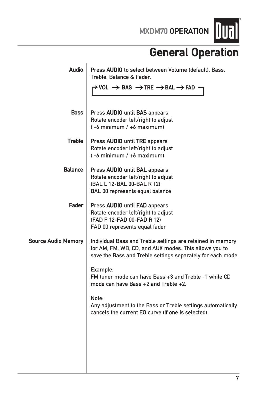 Dual MXDM70 owner manual Audio Bass Treble Balance Fader Source Audio Memory 