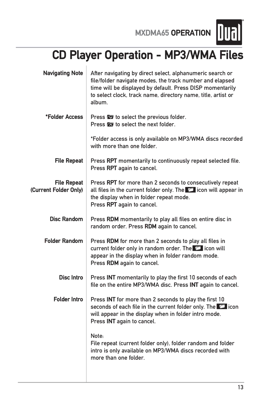 Dual MXDMA65 owner manual Navigating Note Folder Access File Repeat, Disc Random Folder Random Disc Intro Folder Intro 