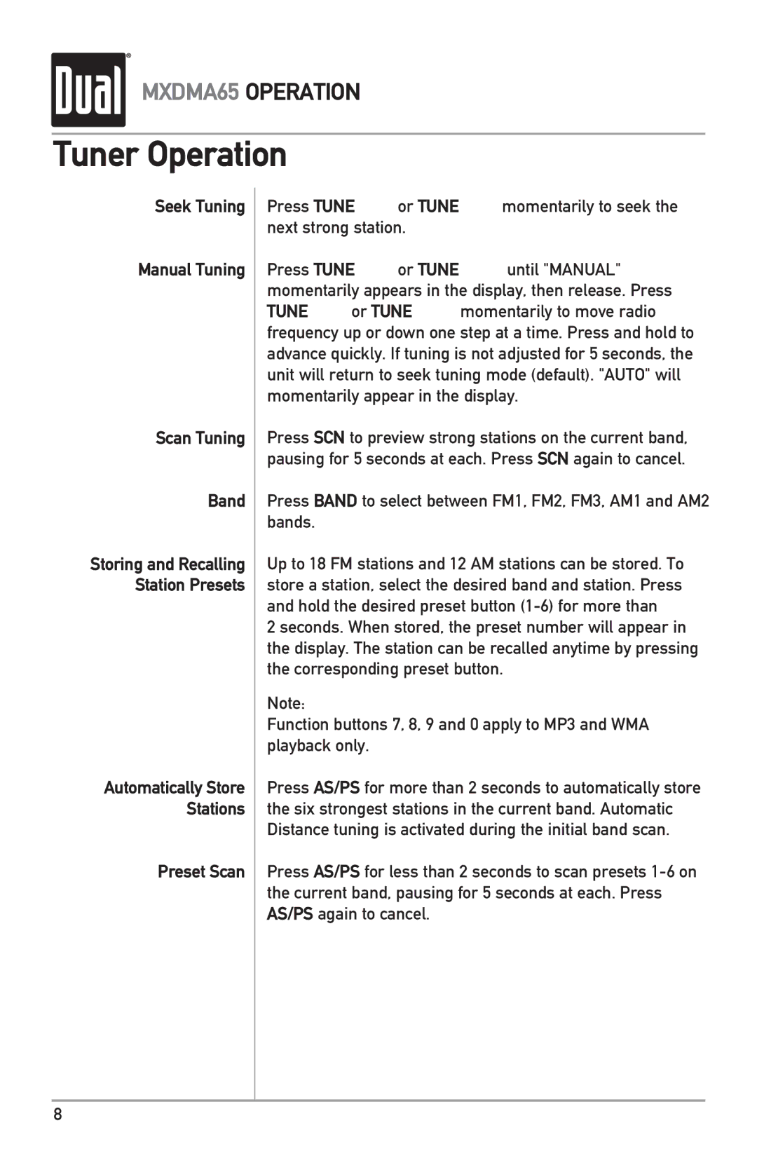 Dual MXDMA65 owner manual Tuner Operation, Seek Tuning Manual Tuning Scan Tuning Band, Preset Scan 