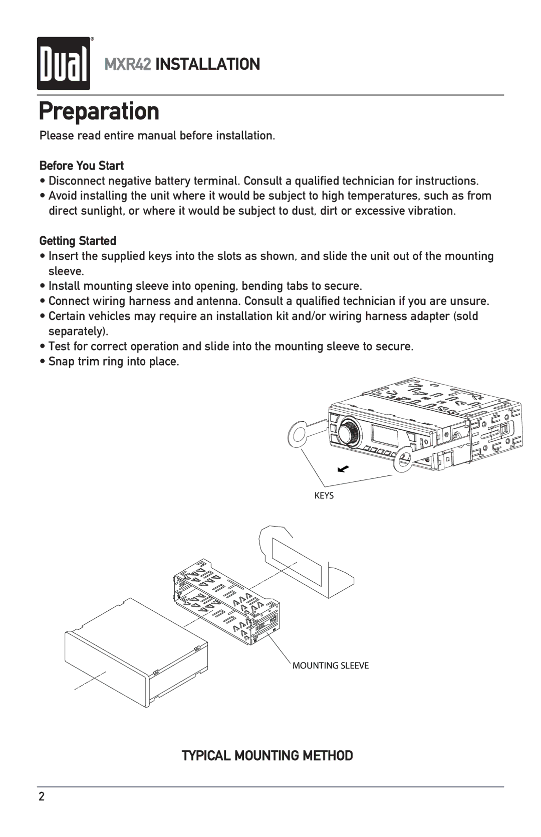 Dual MXR42 owner manual Preparation, Please read entire manual before installation, Before You Start, Getting Started 