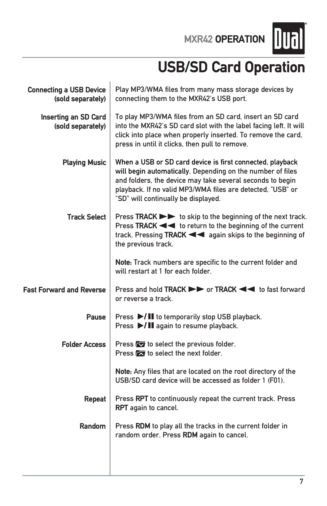 Dual MXR42 owner manual USB/SD Card Operation 