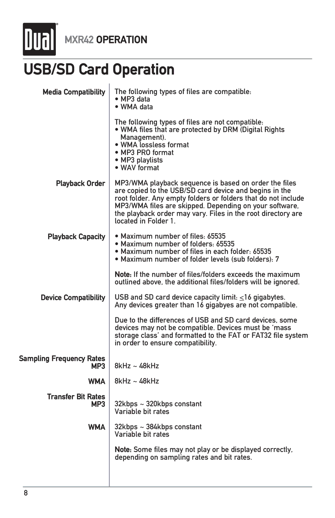 Dual MXR42 owner manual Transfer Bit Rates, MP3 WMA 