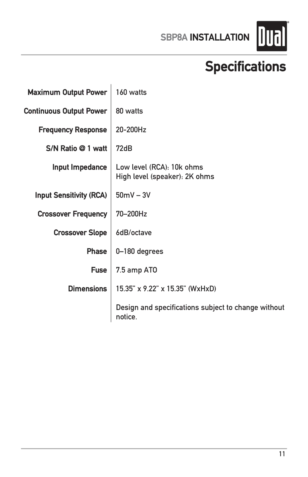 Dual SBP8A owner manual Specifications 