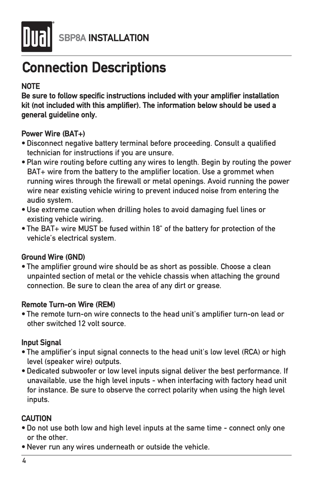 Dual SBP8A owner manual Connection Descriptions, Ground Wire GND, Remote Turn-on Wire REM, Input Signal 