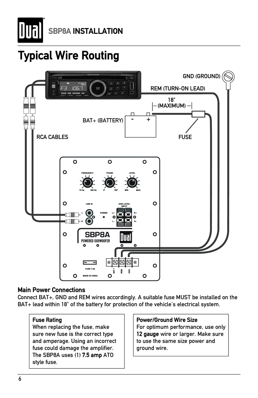 Dual SBP8A owner manual Typical Wire Routing, Main Power Connections 