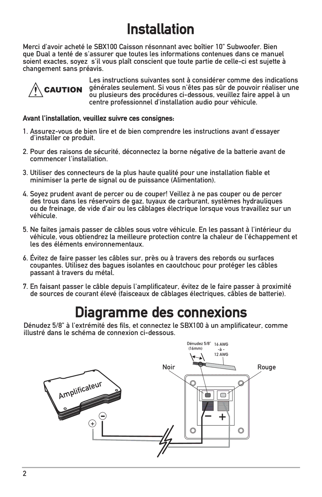 Dual SBX100 manual Installation, Diagramme des connexions 