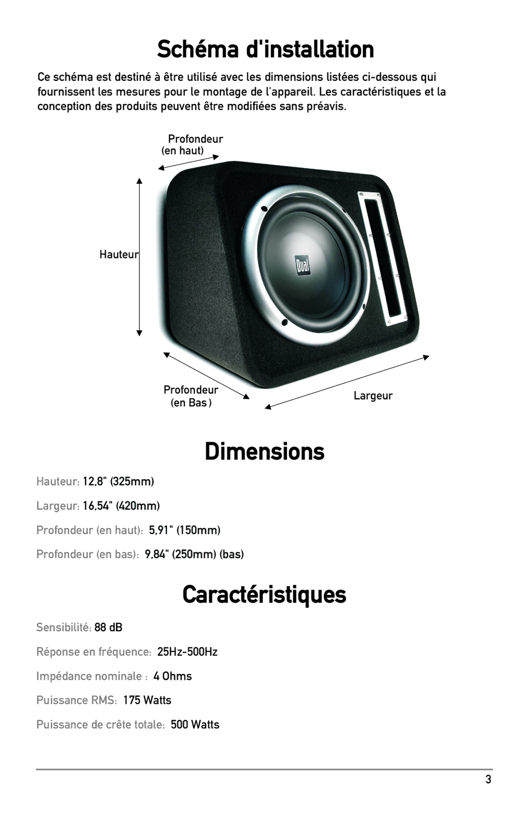 Dual SBX100 manual Schéma dinstallation, Dimensions, Caractéristiques 