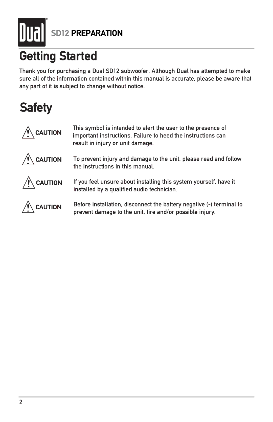 Dual SD12 owner manual Getting Started, Safety 