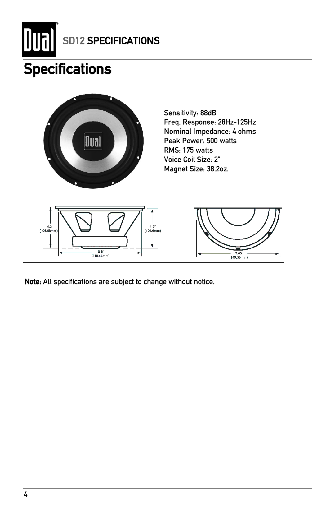 Dual SD12 owner manual Specifications 